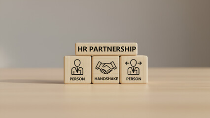Wooden Block HR Icons: People, Handshake, HR Person, Policy, and Compliance Concept
