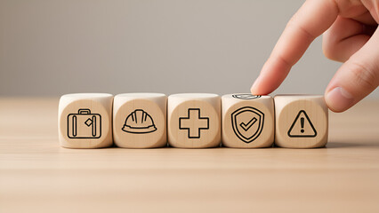 Wooden Block Icons: Coffee, Bread, First Aid, Shield, Warning &mdash; Insurance, Safety, and Health Concept
