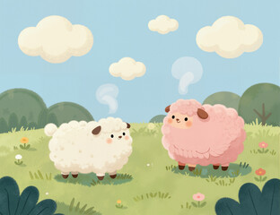 Two cute cartoon sheep are standing in a green meadow under a blue sky with fluffy clouds. One sheep is white, and the other is pink, both looking at each other playfully, creating a joyful atmosphere