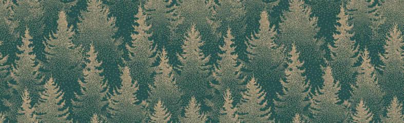 Obraz premium Winter seamless pattern with golden fir trees and snowy pines. Elegant Christmas forest gold. Coniferous woodland vector design for festive wrapping paper, holiday background, ornament, seasonal decor