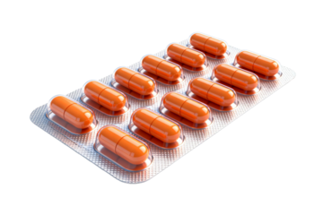 Blister pack of orange medical capsules for pharmaceutical use