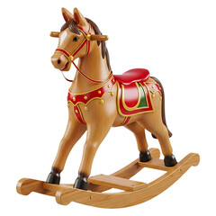 Wooden rocking horse toy with red and gold decorations on a transparent background