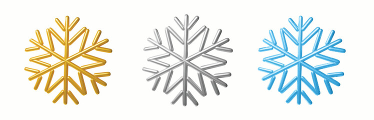 3d realistic snowflakes set. Gold, silver and light blue color. Glossy and shiny plastic style, Christmas and New Year holiday decorations. Vector illustration