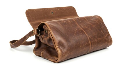 Open brown leather travel toiletry bag isolated on white background.