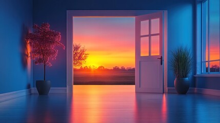 Open door to colorful sunset