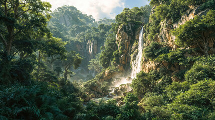 Majestic waterfall cascading through lush tropical rainforest canyon with misty atmosphere, vibrant green vegetation, and dramatic rocky cliffs in natural paradise landscape