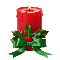 A red candle with a green bow and holly on isolated transparent background for Christmas decoration