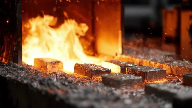 Metal pieces undergoing quenching in a hightemperature tank capturing the rapid cooling technique used to enhance hardness after stamping.