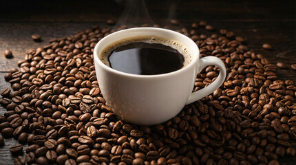 Steaming black coffee in white cup on roasted beans, hot espresso breakfast drink, cafe, caffeine and energy concept.