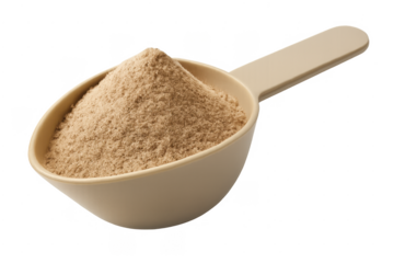 Protein powder scoop with brown supplement on transparent background