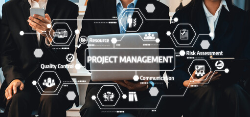 This image depicts professionals engaging in project management activities, showcasing digital tools and concepts that enhance teamwork and boost organizational efficiency. Amity
