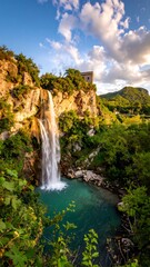 Serene waterfall cascading into a turquoise pool, framed by lush greenery and rocky cliffs under a partly cloudy sky