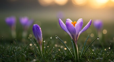 Purple Crocus Flowers Blooming in a Dew-Kissed Spring Meadow at Sunrise.