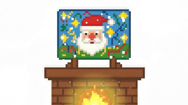 A pixel art santa christma fireplace winter holiday decoration garland light gift cozy festive retro 8 bit pixel cartoon canva frame brick hearth warm fire cheerful mood living room vintage interior