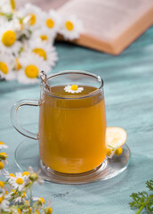 A glass of fresh chamomile tea. Aromatic healthy teas concept
