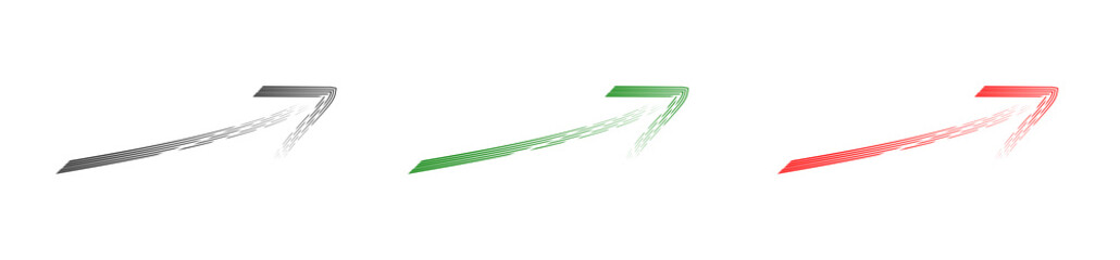 A set of three hand-drawn brush stroke arrows pointing right. Colorful sketch arrow graphics red, green, and black isolated on a transparent background for infographics and design. PNG