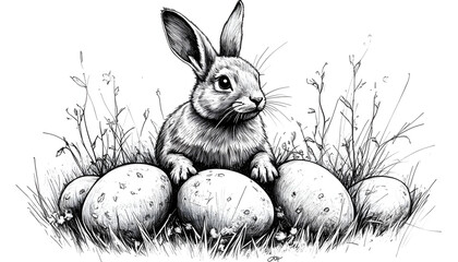 Easter bunny with decorated eggs in a field, black and white illustration