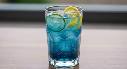 Refreshing Blue Cocktail with Lemon and Cucumber Slices.