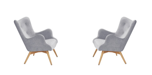 Two classic armchairs art deco style in gray with wooden legs isolated on white background.