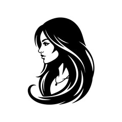 Elegant black and white silhouette of a woman with long flowing hair in profile, wearing a necklace.