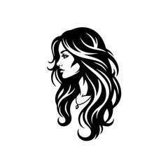 Elegant black and white illustration of a woman's profile with long flowing hair and a necklace.