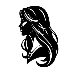 Elegant black silhouette of a woman's profile with long flowing hair, graphic design.