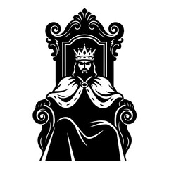 A regal king sits on a throne, adorned with a crown and a flowing cape, exuding power and authority.