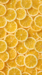 Obraz premium 背景素材 敷き詰められたリアルな輪切りのレモン Background Piled up Realistic Lemon Slice （Generative AI）