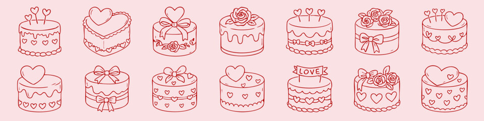 Valentine&rsquo;s day cakes doodle set on pink background