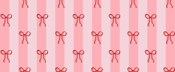 Seamless pattern with hand-drawn red bows on pink striped background. Cute romantic design for Valentine&rsquo;s themes
