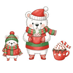 Cartoon vector illustration of Santa Claus with gifts by a Christmas tree, happy snowman, and winter holiday decorations