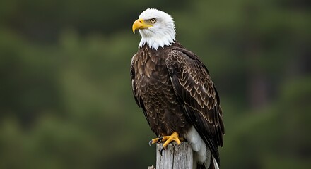 Majestic Bald Eagle Perched on a Wooden Post in Nature.
