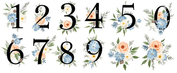 Floral number set with watercolor flowers and greenery for invitations and decor