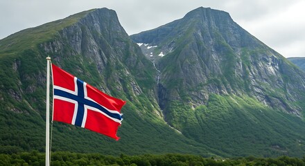 Norwegian Flag Waving Proudly Against a Backdrop of Majestic Green Mountains.