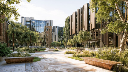 Modern sustainable urban development with green architecture, landscaped courtyard featuring native plants, walking paths and contemporary mixed use buildings