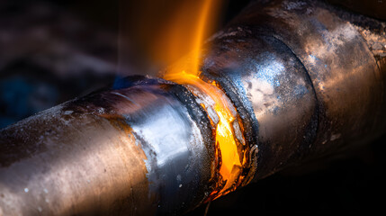 accuser. Extreme close-up of copper pipe joint with molten silver brazing. safety posters, maintenance manuals, designed for precision metalworking and fabrication facilities.