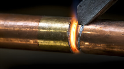 accuser. Extreme close-up of copper pipe joint with molten silver brazing. safety posters, maintenance manuals, designed for precision metalworking and fabrication facilities.