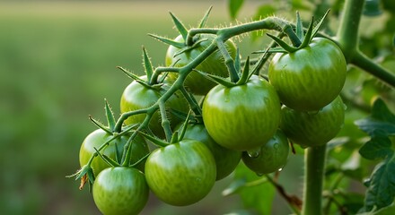 Unripe green tomatoes growing on a vine in a garden.