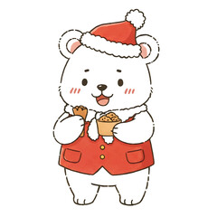 Fototapeta premium Santa Claus, a happy Christmas cartoon character with a red hat and beard, is with a snowman and a bag of gifts for the winter holiday season