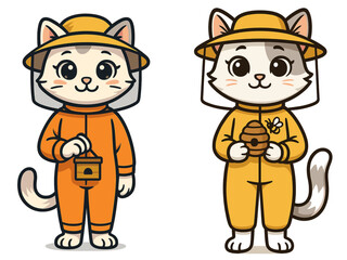 Two cute cartoon cats dressed in colorful outfits engaging in outdoor activities with bee-related accessories