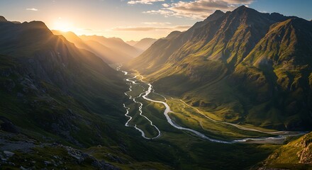 Majestic Mountain Valley Landscape with Golden Sunlight.