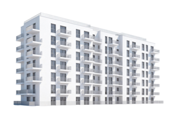 Modern multi-story residential building with uniform white facade