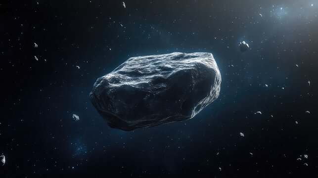 Von Neumann probe, a self-replicating interstellar spacecraft, in the process of building a copy of itself from raw materials gathered from an asteroid field, cinematic, deep space setting. 