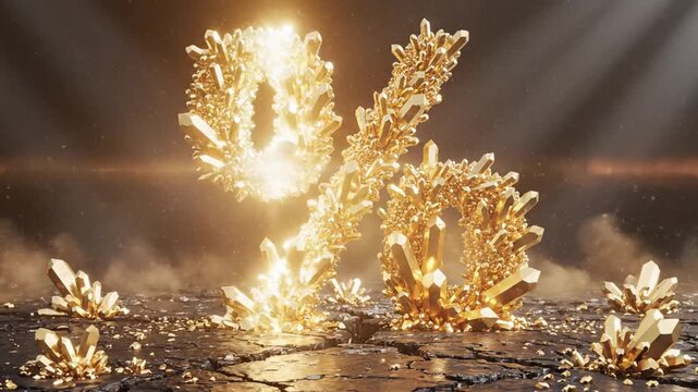 Golden Crystals Forming Percentage Sign on Cracked Surface.