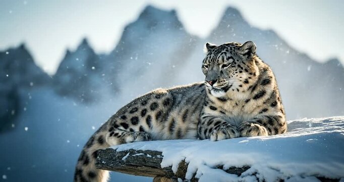 Snow leopard resting on a snowy ledge with majestic mountains in the background