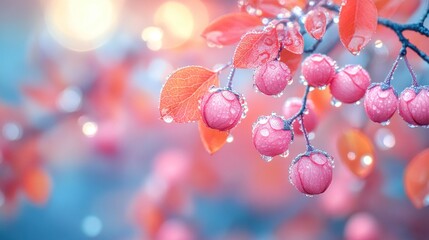 Pink berries, autumnal leaves, dew drops
