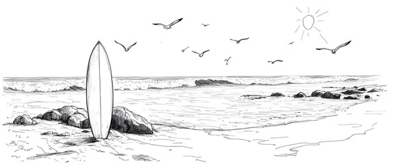 Surfboard on the beach with seagulls and ocean waves in a black and white illustration