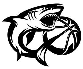Dynamic Shark Mascot with Basketball Ready to Attack for Sports Team Design.