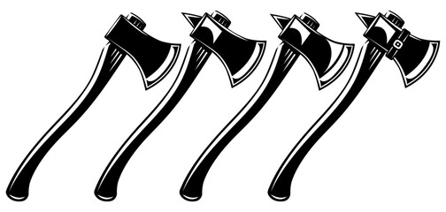 Set of Four Vintage Axes with Wooden Handles for Lumberjack or Woodworking Design.