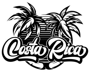 Tropical Costa Rica Lettering with Palm Trees and Sunset Horizon for Vacation Travel.